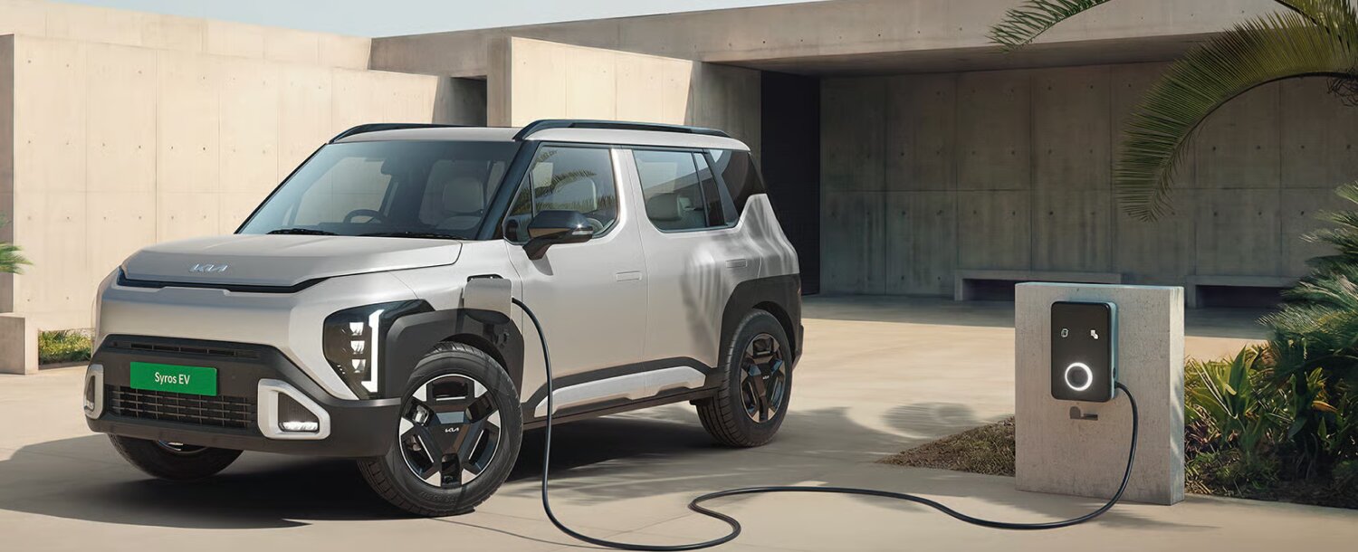 Kia Syros EV electric SUV banner showcasing futuristic design